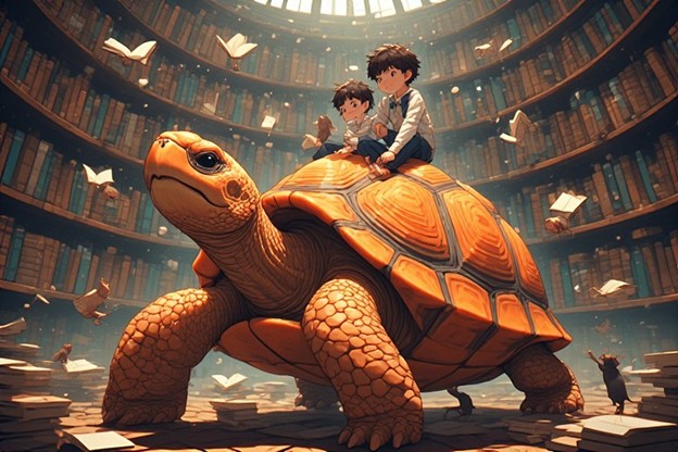 Nick and Jack riding a turtle
